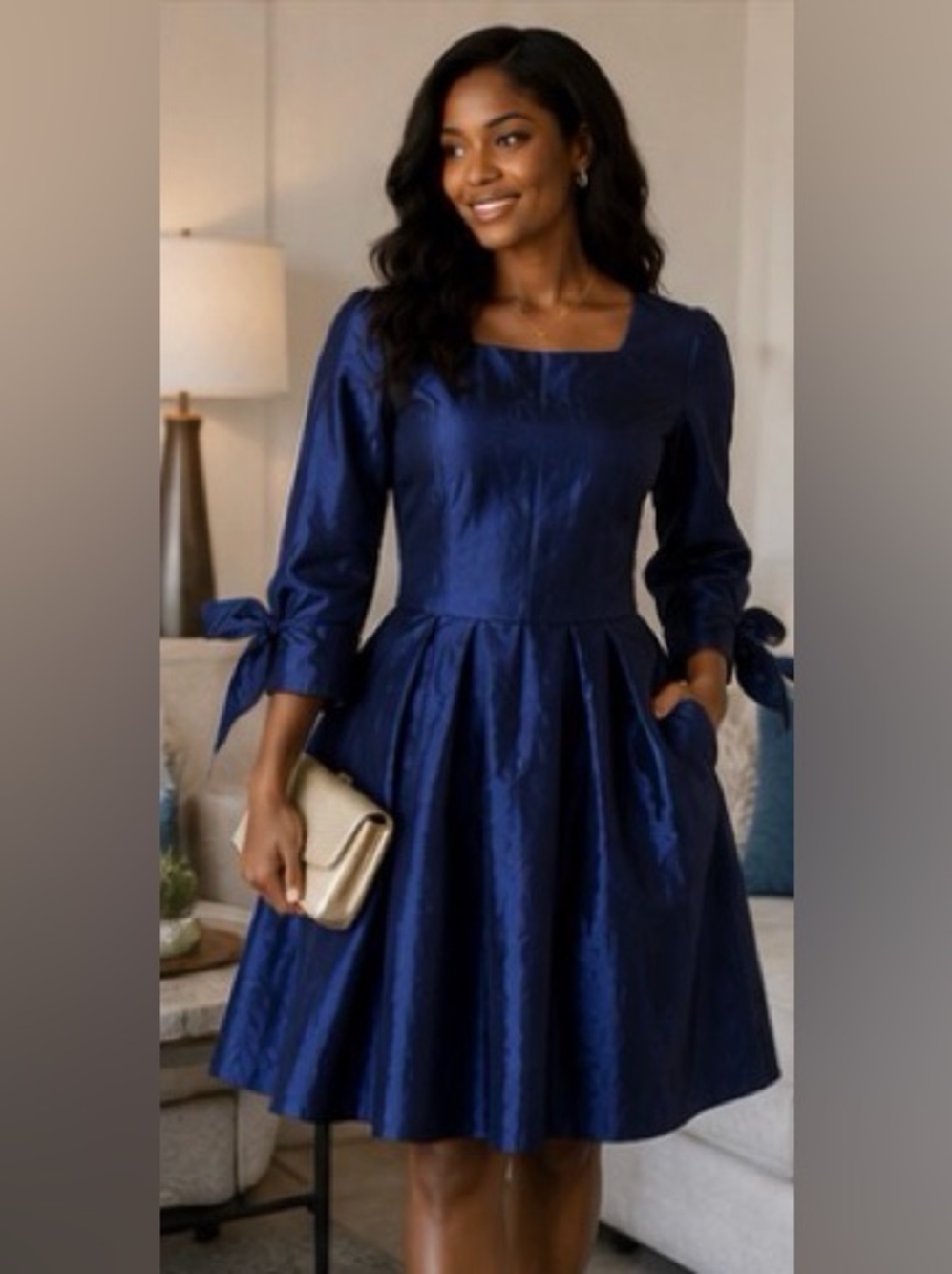 Shabby Apple Navy Fit-and-Flare Midi Dress with Bow Sleeves